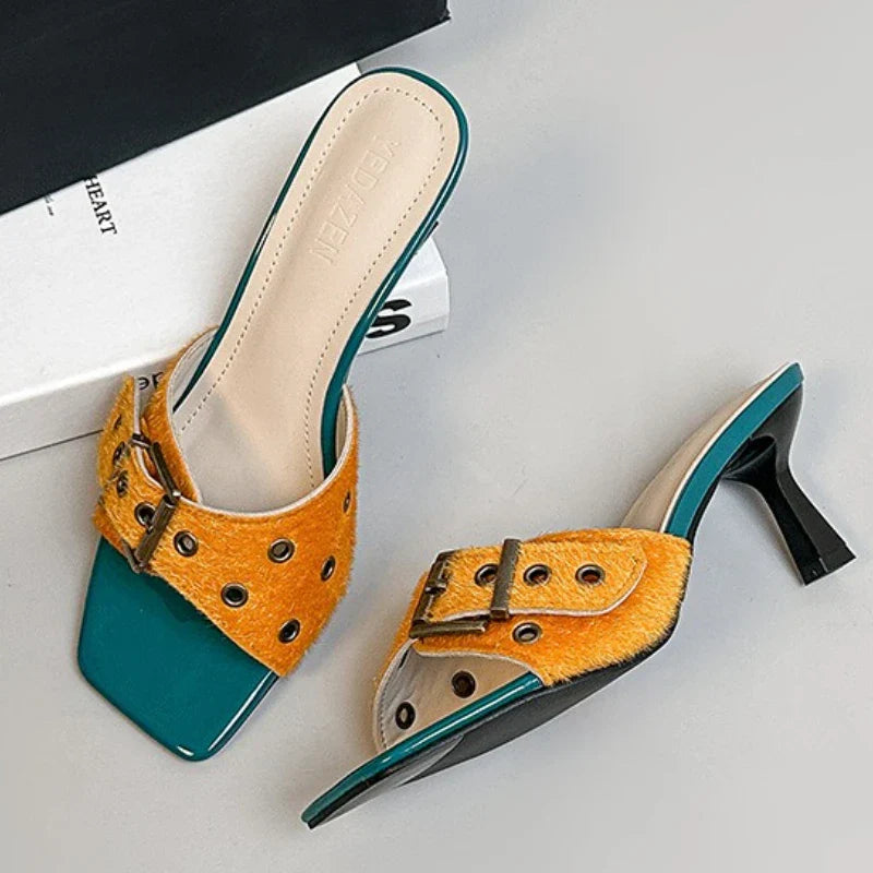 Metal Belt Buckle Designer Slippers Open Toe Thin Heel
