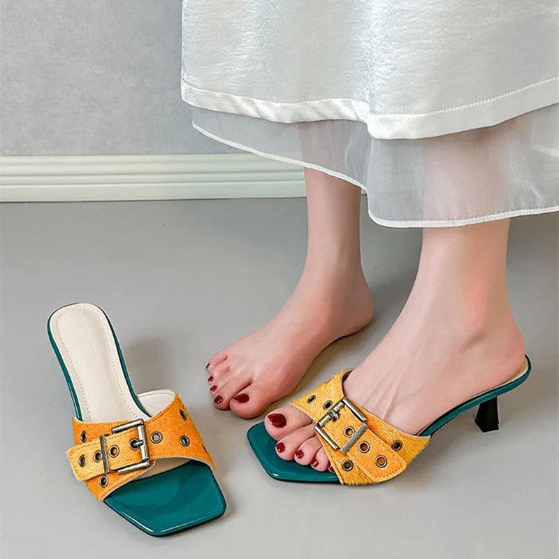 Metal Belt Buckle Designer Slippers Open Toe Thin Heel