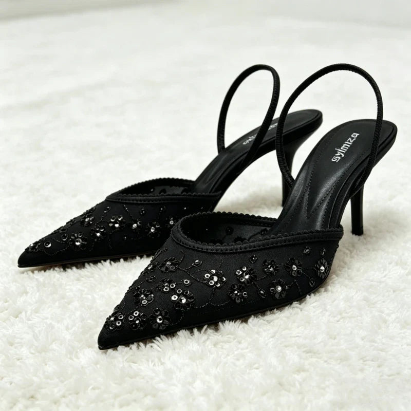 Metal Bling Detail Mesh High Heel