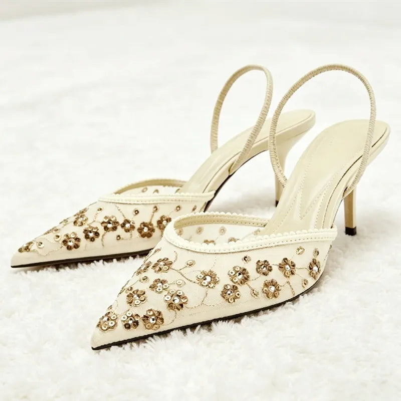 Metal Bling Detail Mesh High Heel