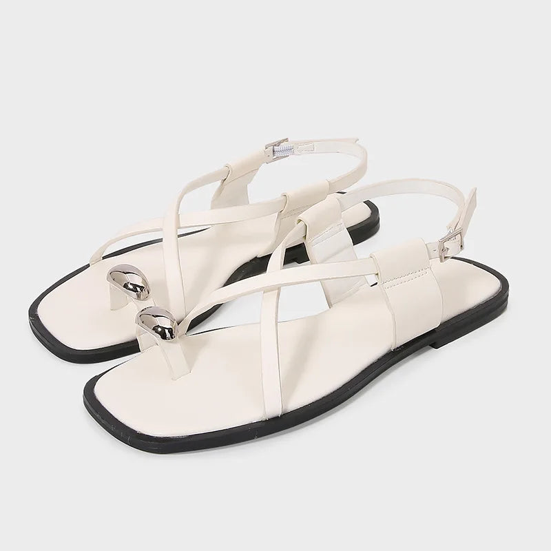 Metal Buckle Decoration Over Toe Flat Sandals Ankle Strap GLADIATOR Sandals Luxury Designer Beach Slippers