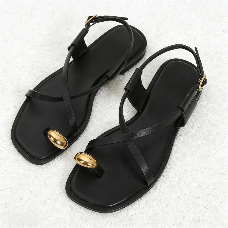 Metal Buckle Decoration Over Toe Flat Sandals Ankle Strap GLADIATOR Sandals Luxury Designer Beach Slippers