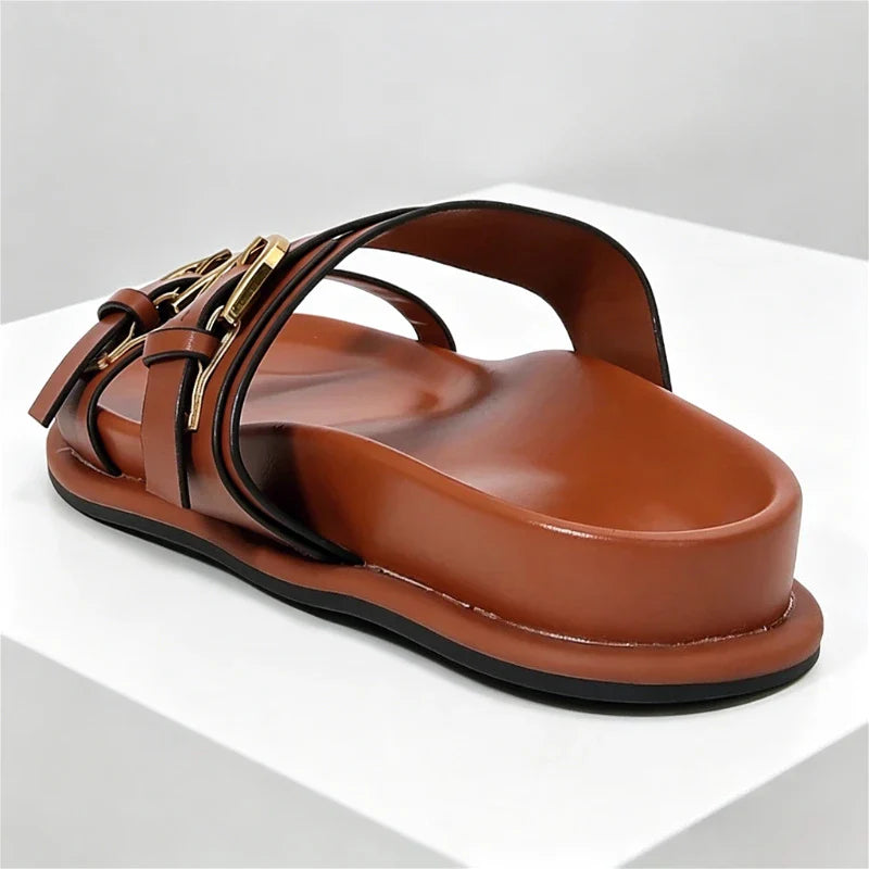 Metal Buckle Soft Leather Roman Shoes