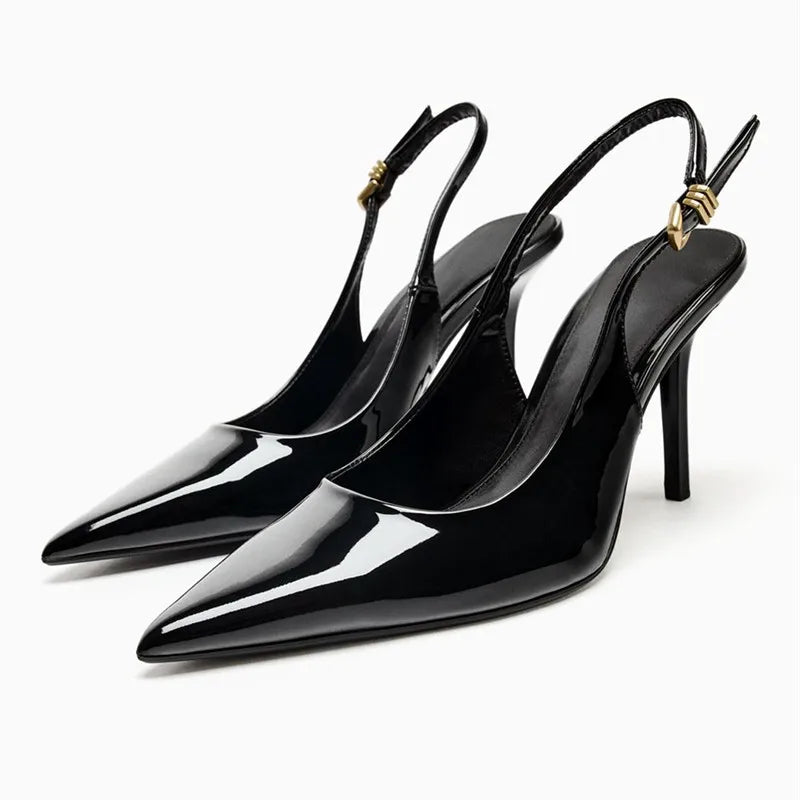 Metal Buckle Straps Patent Leather High Heel