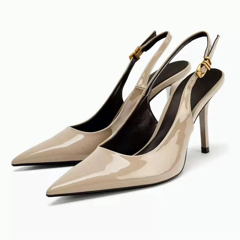Metal Buckle Straps Patent Leather High Heel