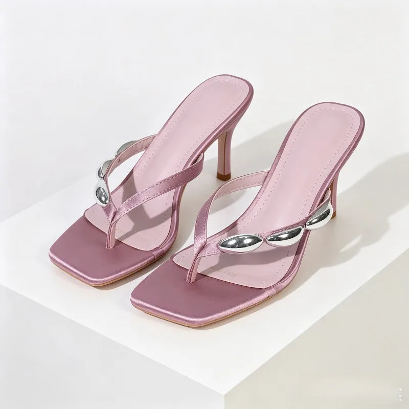 Metal Narrow Band Designer Flip Flops Slippers Low Heel
