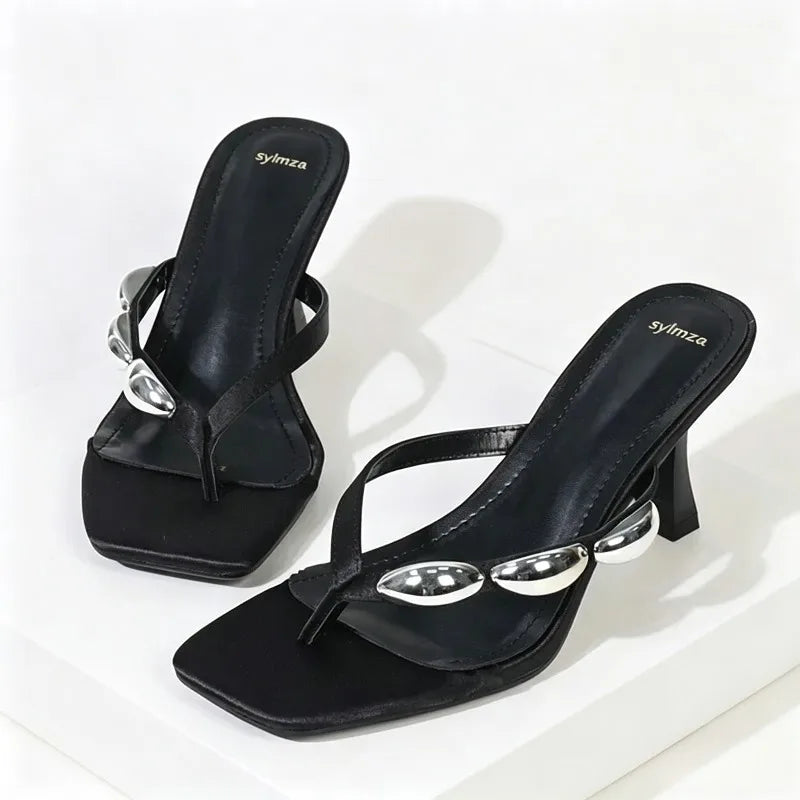 Metal Narrow Band Designer Flip Flops Slippers Low Heel
