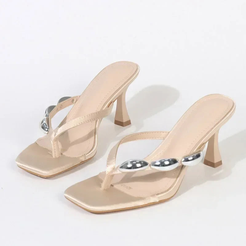Metal Narrow Band Designer Flip Flops Slippers Low Heel