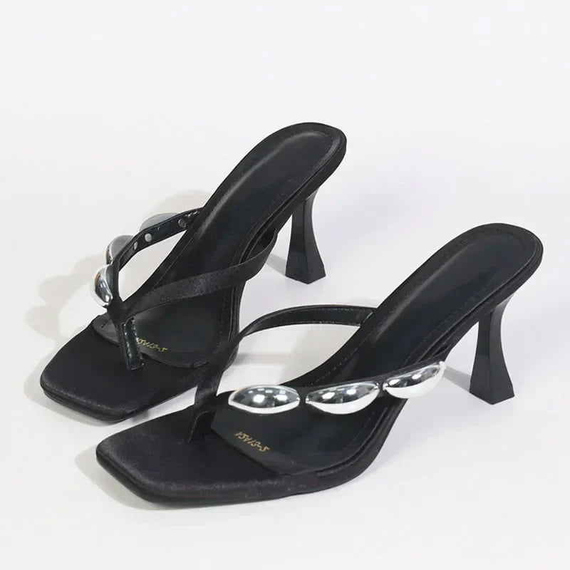 Metal Narrow Band Designer Flip Flops Slippers Low Heel