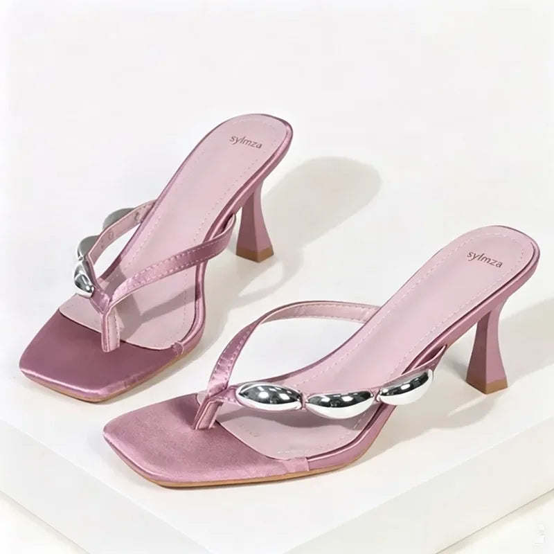 Metal Narrow Band Designer Flip Flops Slippers Low Heel
