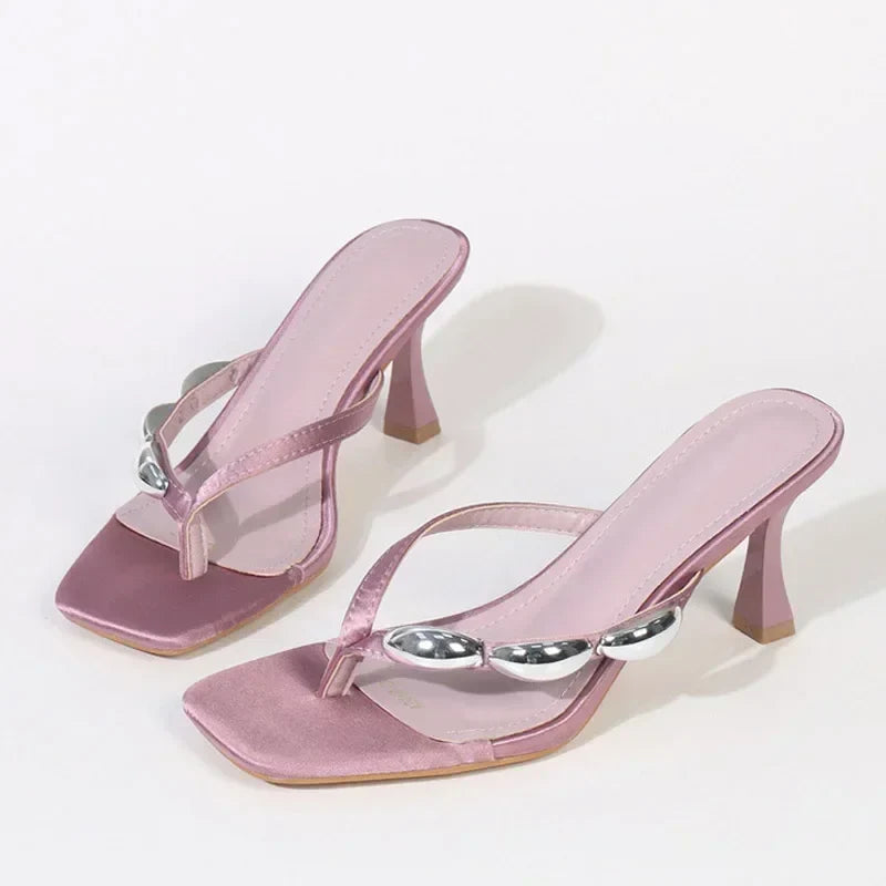 Metal Narrow Band Designer Flip Flops Slippers Low Heel
