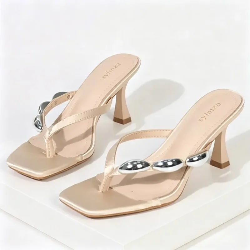 Metal Narrow Band Designer Flip Flops Slippers Low Heel