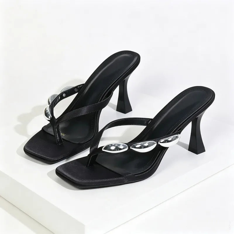Metal Narrow Band Designer Flip Flops Slippers Low Heel