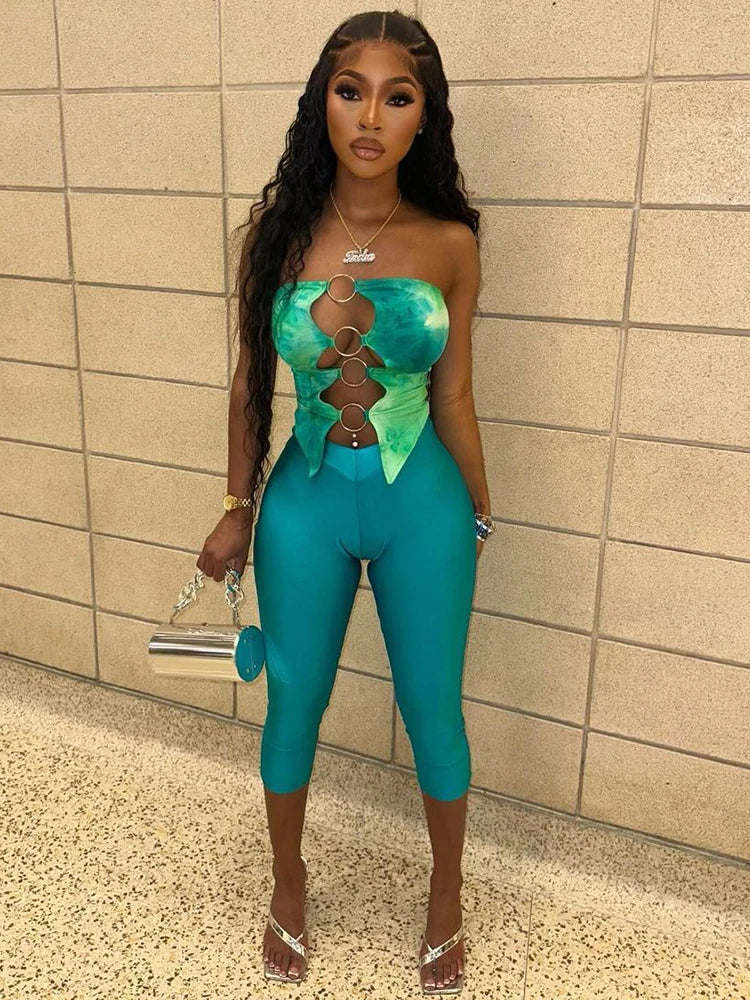 Metal Rings Patchwork Hollow Print Tube Tops Skinny Pants 2 Piece Set