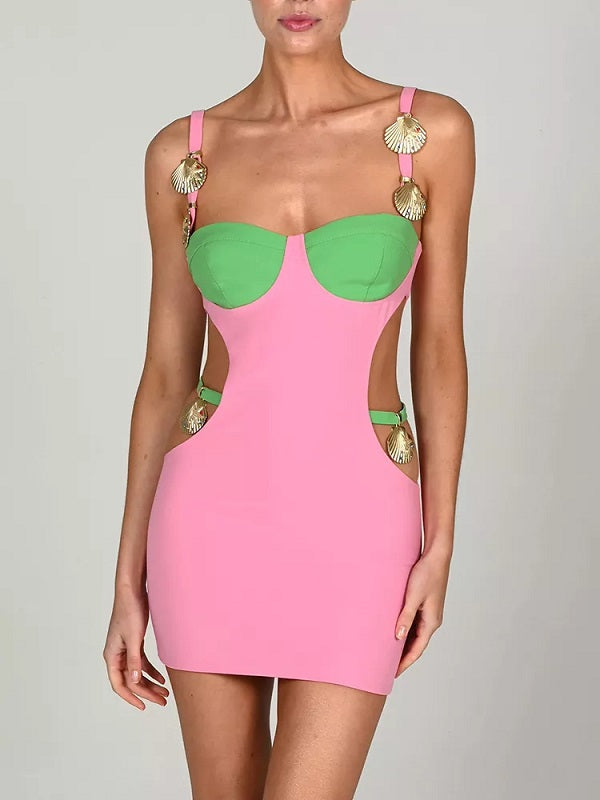 Metal Shell Patchwork Spaghetti Strap Zipper Dress