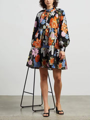 Metallic Embroidery Flocked Lantern Flower Silhouette Mini Dress