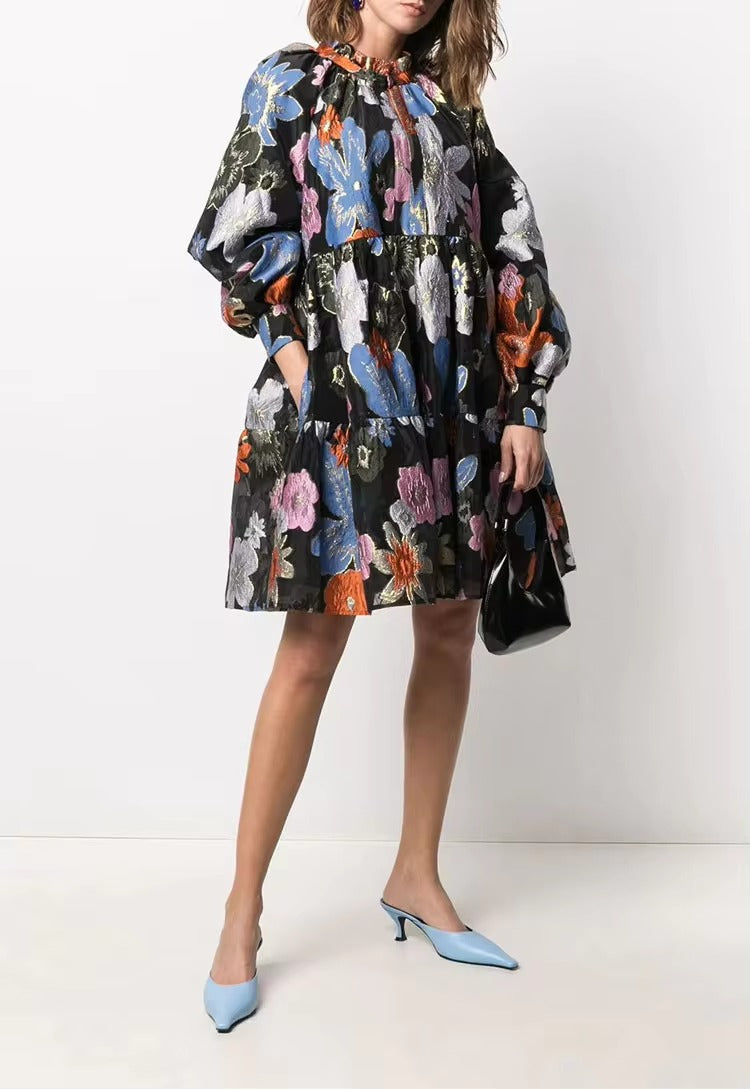 Metallic Embroidery Flocked Lantern Flower Silhouette Mini Dress
