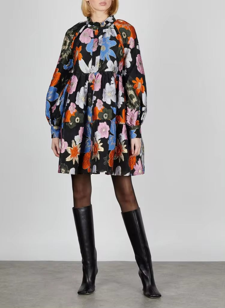 Metallic Embroidery Flocked Lantern Flower Silhouette Mini Dress