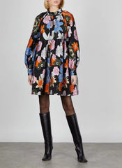 Metallic Embroidery Flocked Lantern Flower Silhouette Mini Dress
