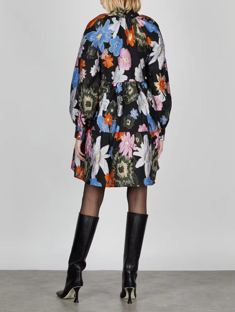 Metallic Embroidery Flocked Lantern Flower Silhouette Mini Dress