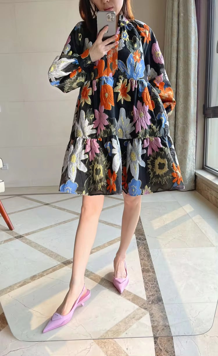 Metallic Embroidery Flocked Lantern Flower Silhouette Mini Dress
