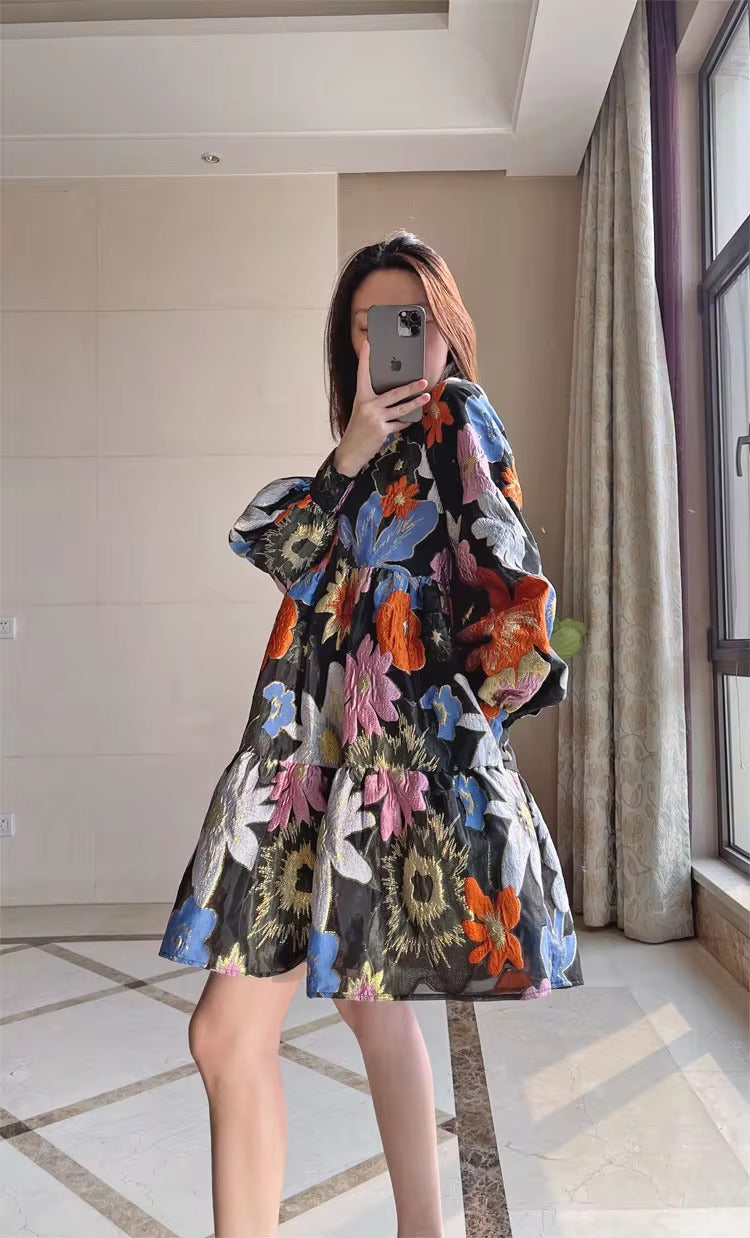 Metallic Embroidery Flocked Lantern Flower Silhouette Mini Dress