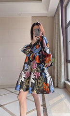 Metallic Embroidery Flocked Lantern Flower Silhouette Mini Dress