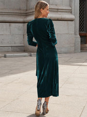 Velvet Long Sleeves Lace Up Velour V-Neck Midi Dresses