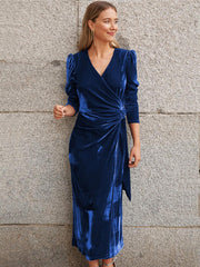 Velvet Long Sleeves Lace Up Velour V-Neck Midi Dresses