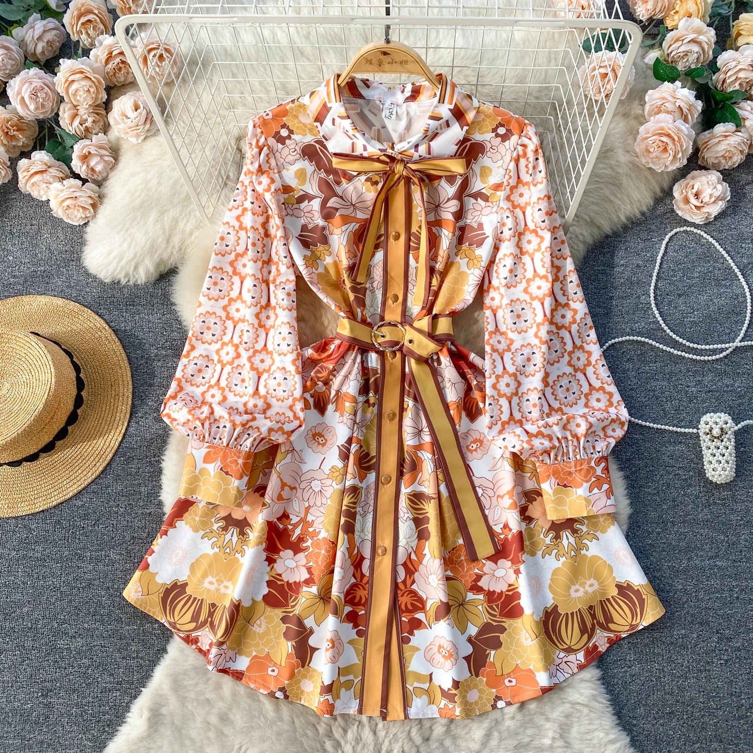 Mini Dress for Women Floral Printed Lace-up Bow Collar Long Sleeve Dresses