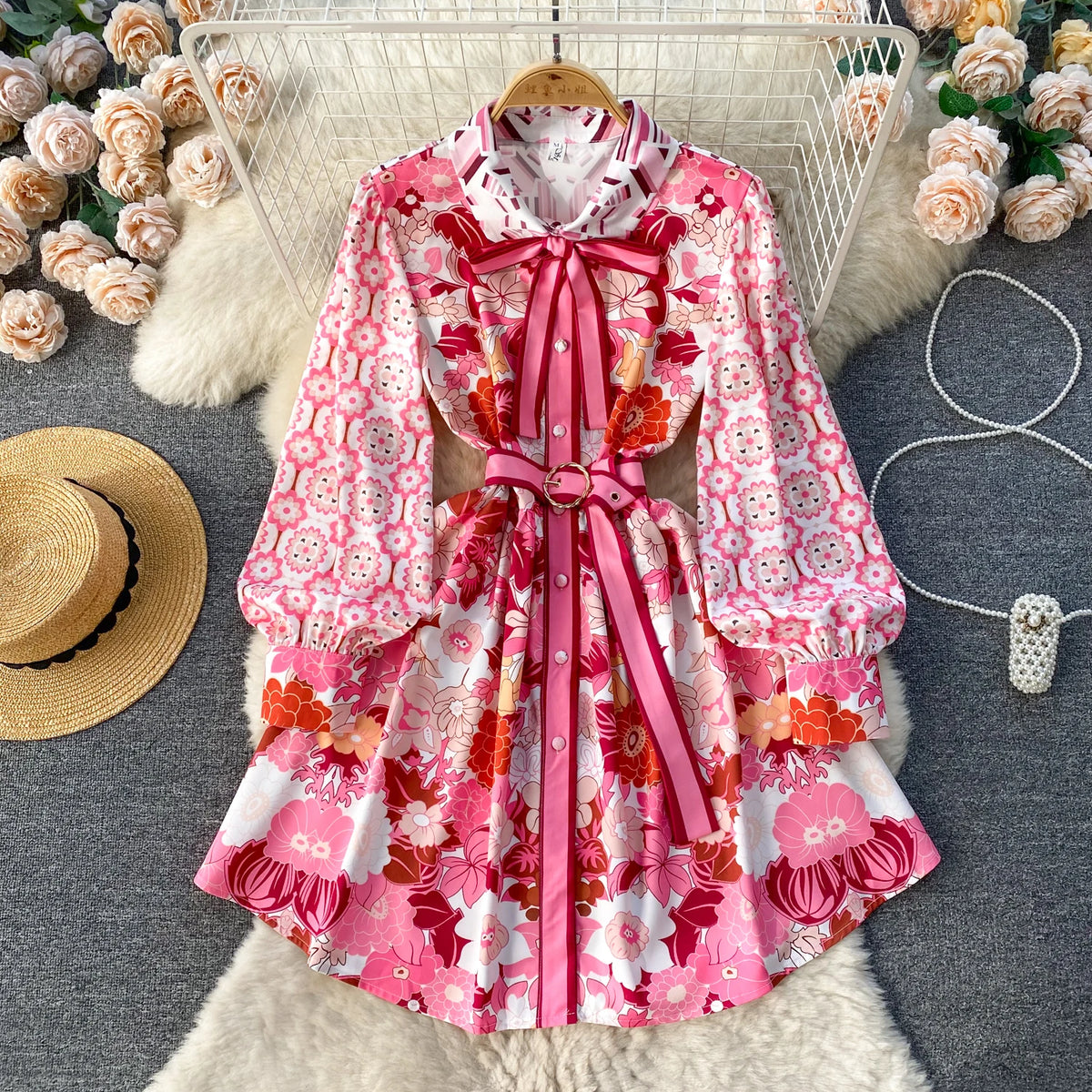 Mini Dress for Women Floral Printed Lace-up Bow Collar Long Sleeve Dresses