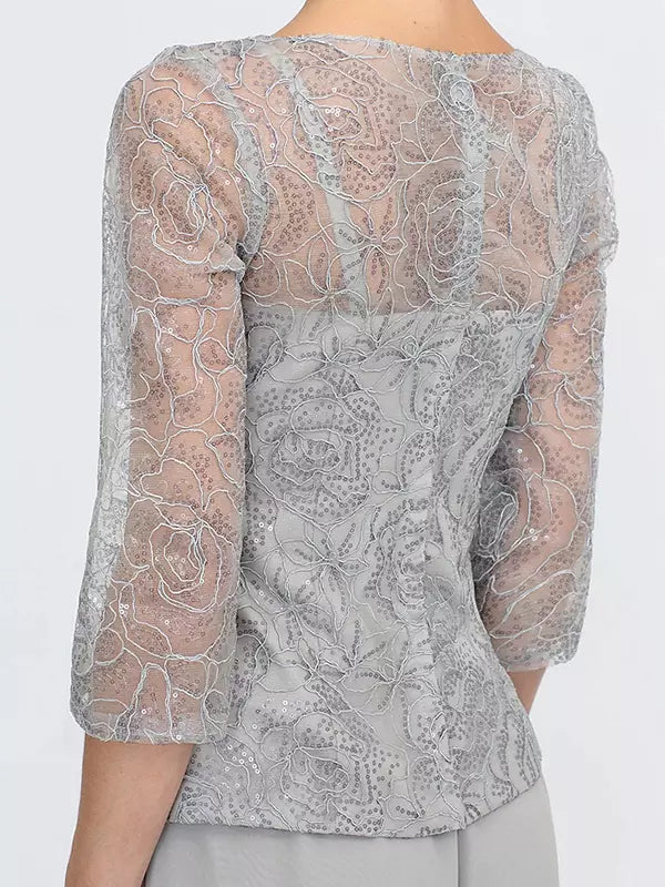 Mother Of The Bride Illusion Neckline 3/4 Length Sleeves Two-piece Lace Floor-Length Guest Dresses