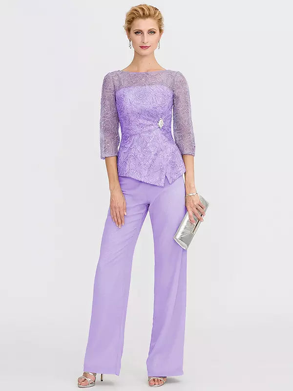 Mother Of The Bride Illusion Neckline 3/4 Length Sleeves Two-piece Lace Floor-Length Guest Dresses