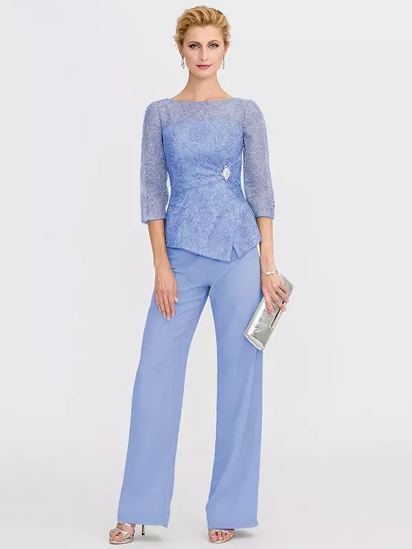 Mother Of The Bride Illusion Neckline 3/4 Length Sleeves Two-piece Lace Floor-Length Guest Dresses