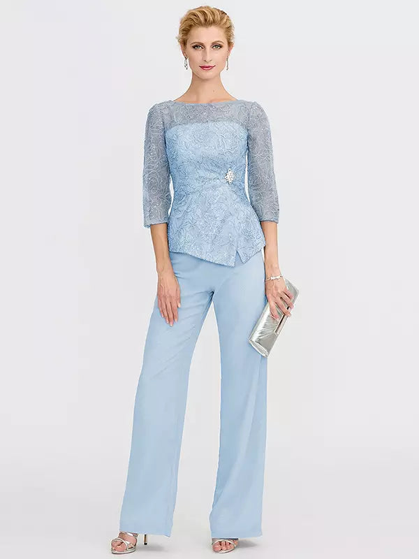 Mother Of The Bride Illusion Neckline 3/4 Length Sleeves Two-piece Lace Floor-Length Guest Dresses