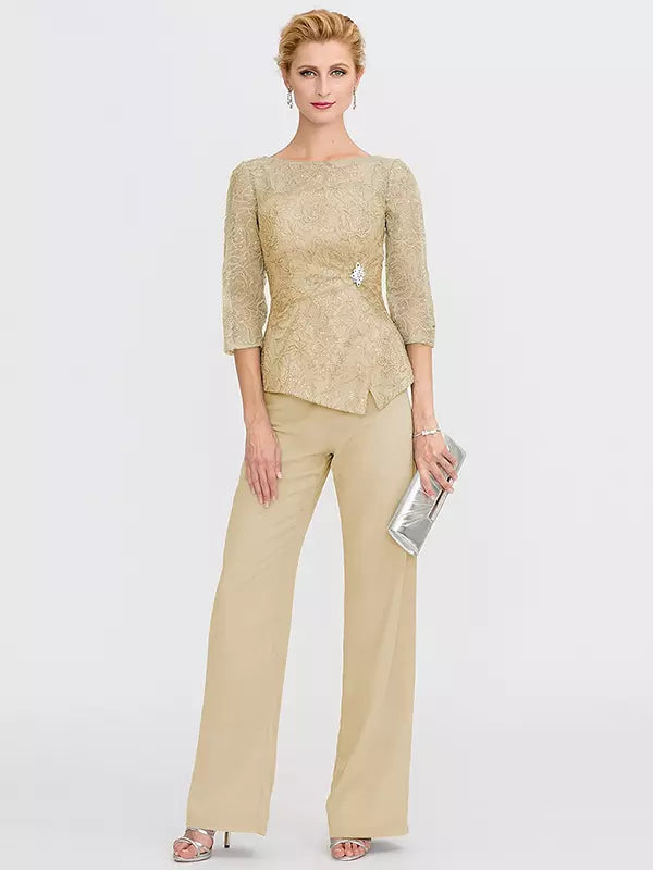 Mother Of The Bride Illusion Neckline 3/4 Length Sleeves Two-piece Lace Floor-Length Guest Dresses