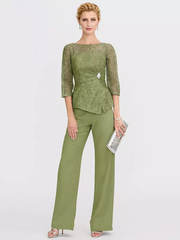 Mother Of The Bride Illusion Neckline 3/4 Length Sleeves Two-piece Lace Floor-Length Guest Dresses