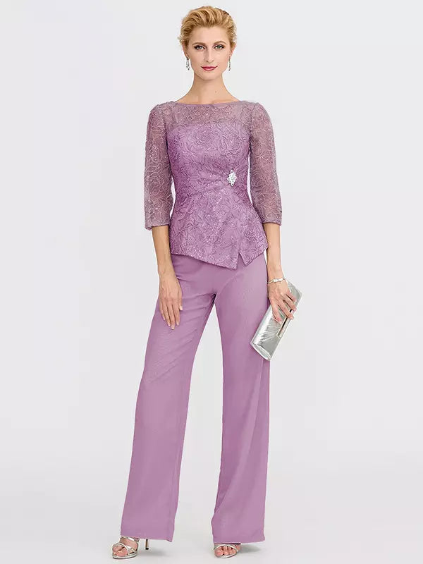 Mother Of The Bride Illusion Neckline 3/4 Length Sleeves Two-piece Lace Floor-Length Guest Dresses