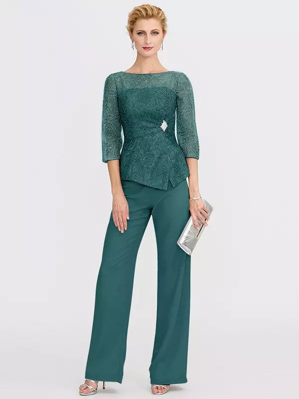 Mother Of The Bride Illusion Neckline 3/4 Length Sleeves Two-piece Lace Floor-Length Guest Dresses