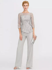 Mother Of The Bride Illusion Neckline 3/4 Length Sleeves Two-piece Lace Floor-Length Guest Dresses