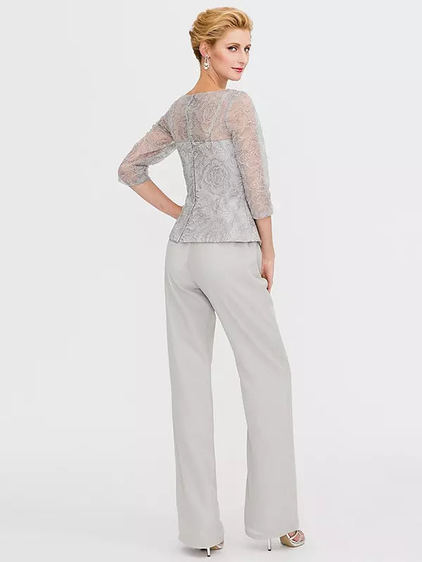 Mother Of The Bride Illusion Neckline 3/4 Length Sleeves Two-piece Lace Floor-Length Guest Dresses