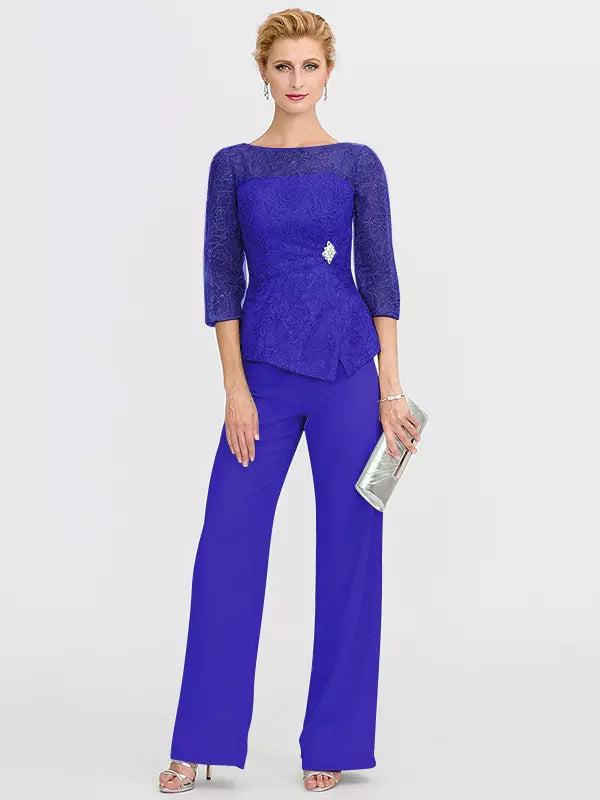 Mother Of The Bride Illusion Neckline 3/4 Length Sleeves Two-piece Lace Floor-Length Guest Dresses