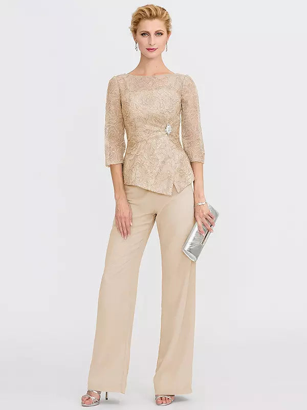 Mother Of The Bride Illusion Neckline 3/4 Length Sleeves Two-piece Lace Floor-Length Guest Dresses