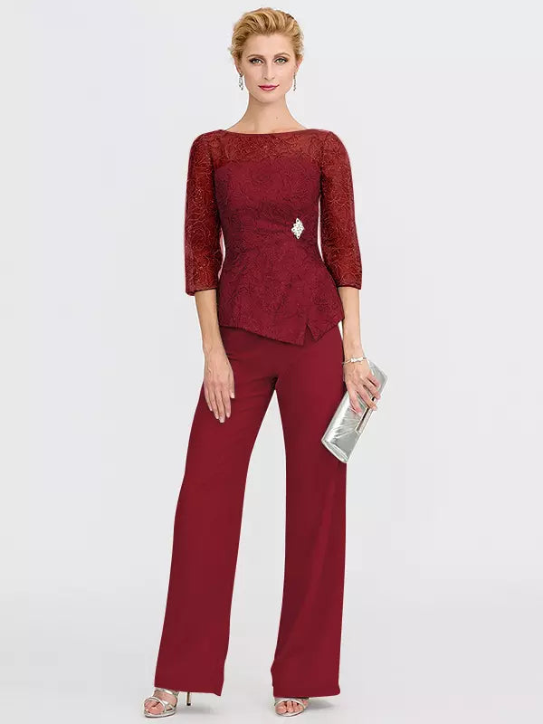 Mother Of The Bride Illusion Neckline 3/4 Length Sleeves Two-piece Lace Floor-Length Guest Dresses