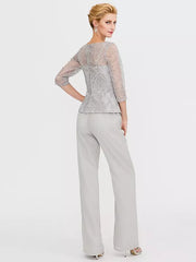 Mother Of The Bride Illusion Neckline 3/4 Length Sleeves Two-piece Lace Floor-Length Guest Dresses