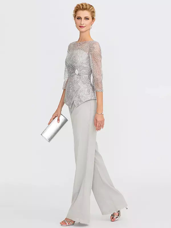 Mother Of The Bride Illusion Neckline 3/4 Length Sleeves Two-piece Lace Floor-Length Guest Dresses