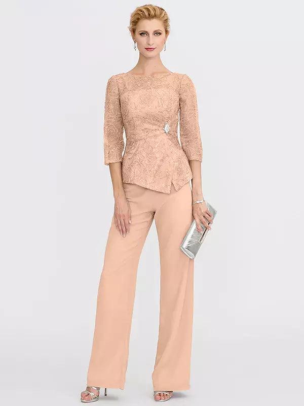Mother Of The Bride Illusion Neckline 3/4 Length Sleeves Two-piece Lace Floor-Length Guest Dresses