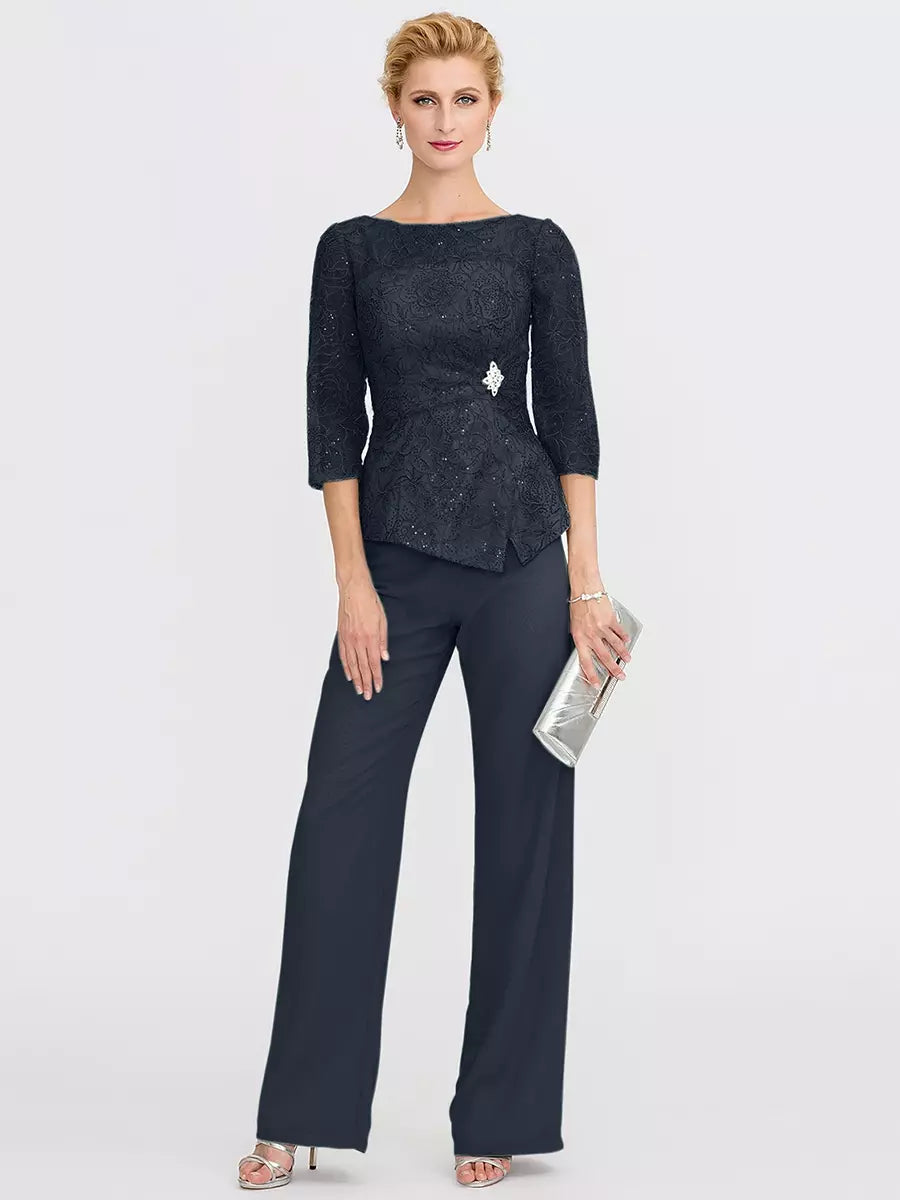 Mother Of The Bride Illusion Neckline 3/4 Length Sleeves Two-piece Lace Floor-Length Guest Dresses