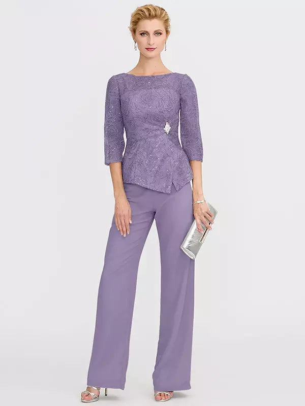 Mother Of The Bride Illusion Neckline 3/4 Length Sleeves Two-piece Lace Floor-Length Guest Dresses