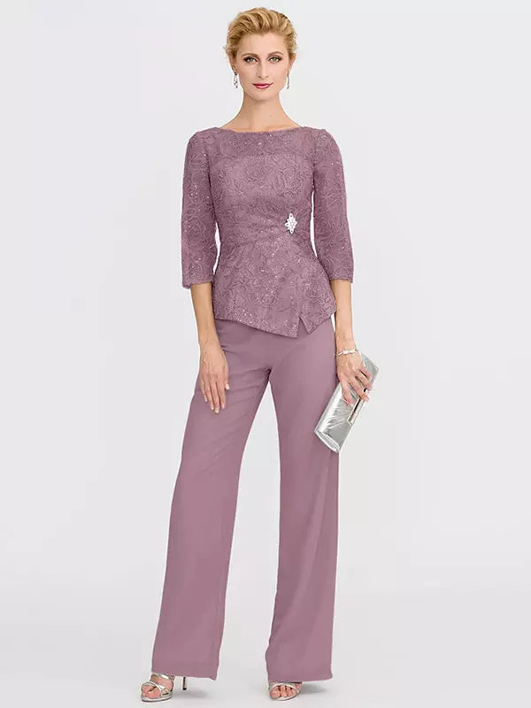 Mother Of The Bride Illusion Neckline 3/4 Length Sleeves Two-piece Lace Floor-Length Guest Dresses